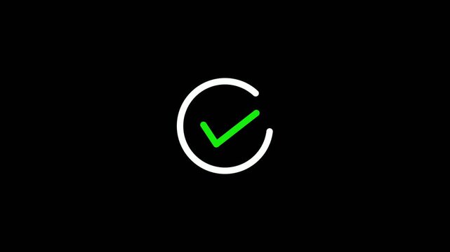 Bright green checkmark icon inside white circular outline isolated on black background for approval and success