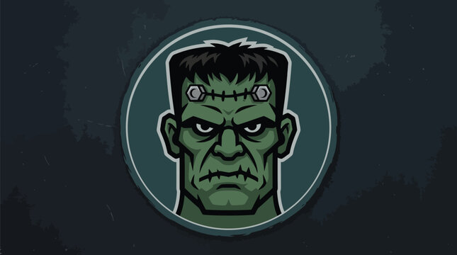 Frankenstein monster head illustration with thick outline and green skin rendered neatly on white background