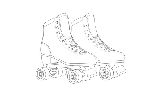 Retro four wheel roller skates line art illustration showing pair of classic boot skates with laces.