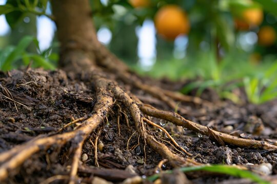 Citrus tree roots with organic mulch and irrigation droplets in orchard