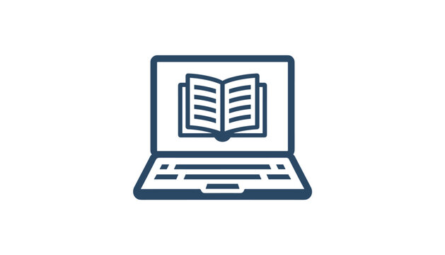 Laptop computer icon with an open book on the screen symbolizing modern e-learning and online reading.