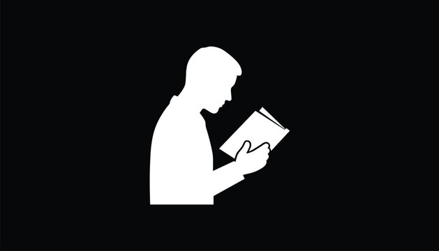 Minimalist white vector silhouette of a man reading a book in side profile view against a solid black background.