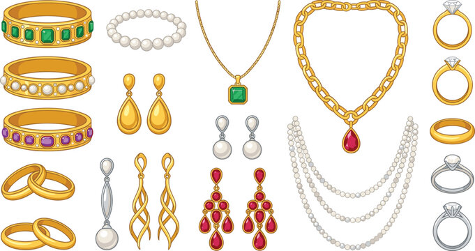 Golden Jewelry Vector Set with Luxury Rings, Elegant Necklaces, Pearls, Diamond Earrings, and Precious Gemstones for Fashion Designs