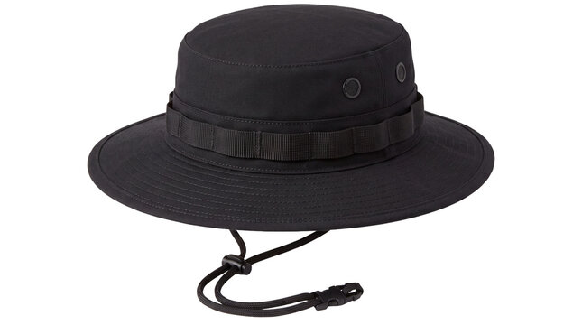 Black boonie hat with heavy duty webbing and adjustable strap for tactical outdoor sun protection.