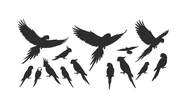 Diverse collection of black parrot silhouettes in various poses including flying and perching on a plain white background.