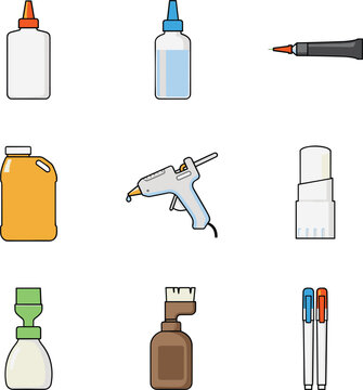 Glue and Adhesive Tool Icon Set with Liquid Glue Bottles, Hot Melt Glue Gun, Glue Stick, and Superglue Tubes for Crafting and Stationery Designs