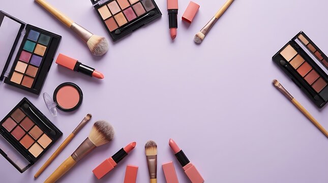 Set of professional makeup cosmetics with eye shadow palettes and brushes arranged in a circular pattern. colorful makeup setup