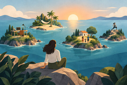 Work life balance visualized as harmonious islands of focus rest