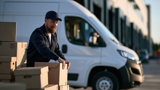 Courier handling parcel crates beside delivery van at distribution center