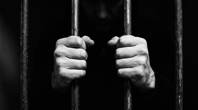 A hauntingly evocative image depicting a person behind bars capturing a sense of isolation confinement and the psychological weight of imprisonment suggesting