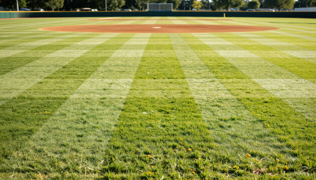 Sunny baseball field grass field green lawn empty park outdoor stadium sports field striped turf infield dirt baseball diamond community park