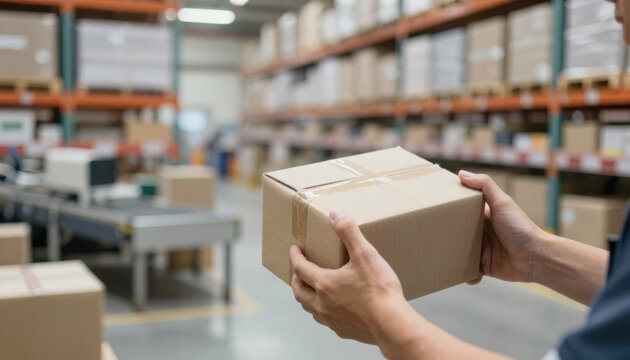 Warehouse hand holding cardboard box in storage aisle, delivery order packing in blurred logistics warehouse