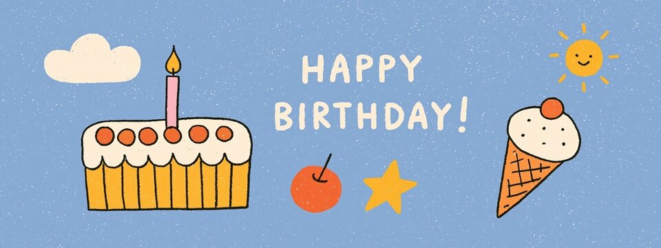 Happy birthday banner with cake, ice cream, and sun