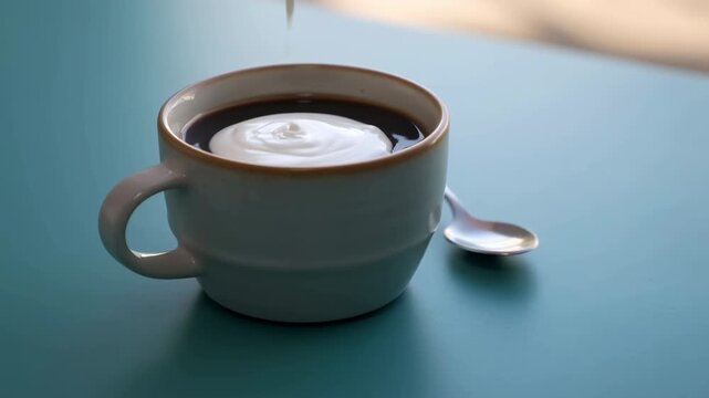 White cream pours into dark beverage in gray ceramic cup, spreading into layered circular swirl on teal tabletop beside metal teaspoon under gentle soft side lighting