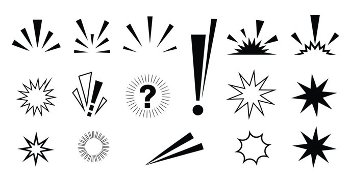 Black emphasis marks and comic emotion lines set, exclamation points, question marks, action rays, manga speech bubble details, graphic design, vector illustration
