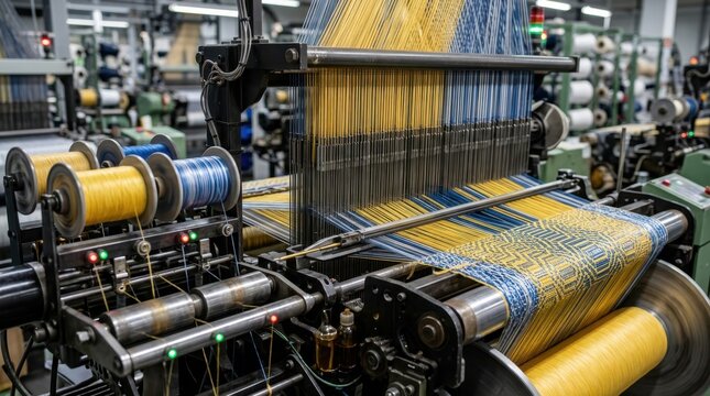 Jacquard loom weaving aramid and polyester threads into dense technical textile with spinning bobbins, sensor lights and precision rollers