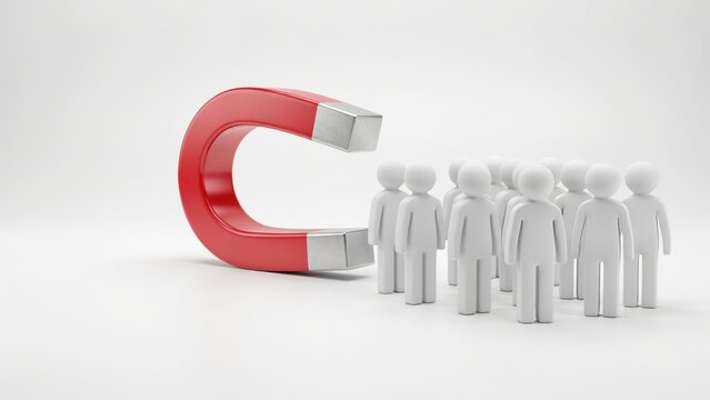 Red U-shaped magnet attracting a group of white human stick figures, isolated on white background