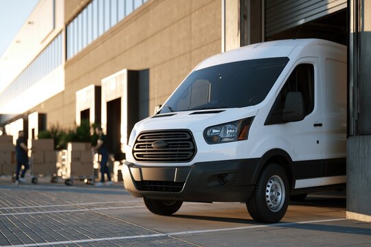Cargo van at modern warehouse loading bay with workers moving parcels on rolling carts