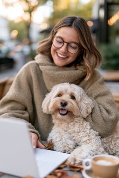 Warm light bathes a smiling woman and her fluffy dog