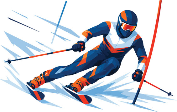 Skier in racing suit on white background with abstract snow trails