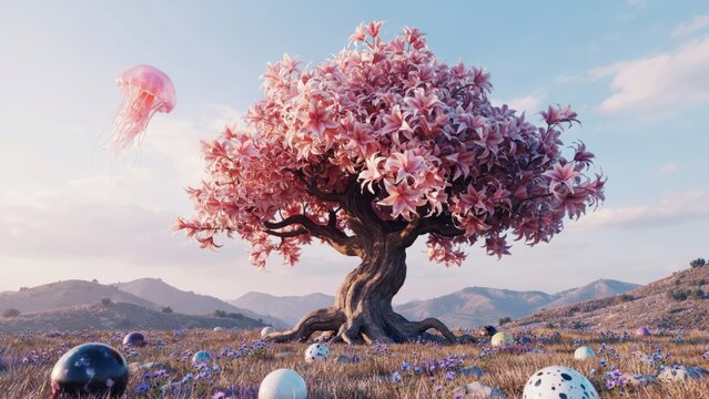 Fantasy landscape with a vibrant pink flowering tree, floating jellyfish, and colorful orbs