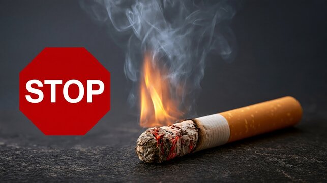 Smoke curls from a burning cigarette