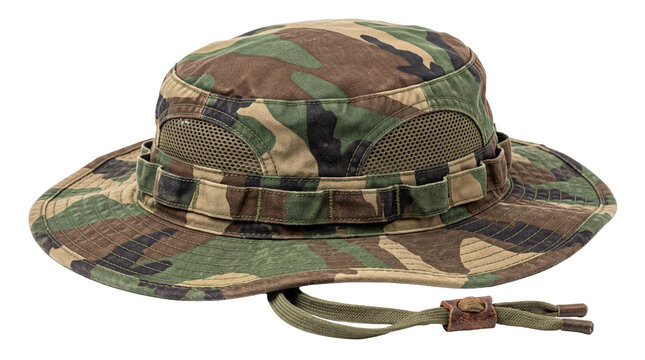 Military camouflage boonie hat with adjustable chin strap for outdoor hunting and army adventure.