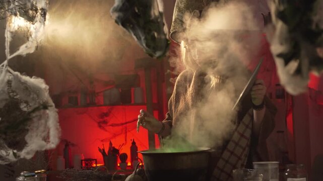 A realistic witch brewing a potion. She lifts the lid of the cauldron and tosses in a dry chicken leg. Everyday life and traditional witchcraft. Magic and a mystical atmosphere.