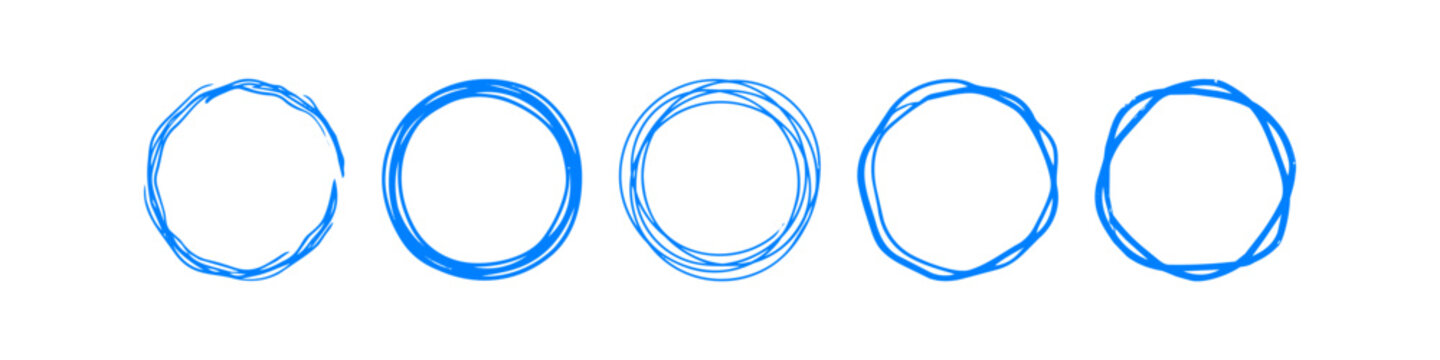 Set of blue hand drawn scribble circles and sketch round doodle frames isolated on a white background. Vector graphic design elements for highlighting, badges, borders, and text emphasis.