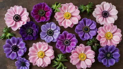 Fototapeta premium Vibrant pink and purple anemone flowers on a dark wooden background