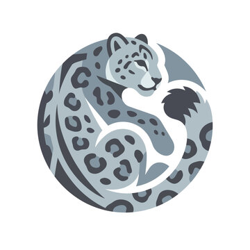 Stylized snow leopard vector illustration in a circular frame