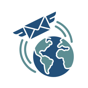 Global mail delivery icon with winged envelope orbiting earth globe