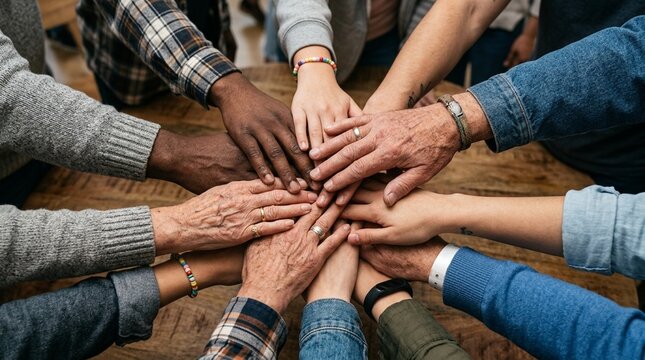 Diverse Hands United Together on Wooden Table, Symbolizing Teamwork and Community