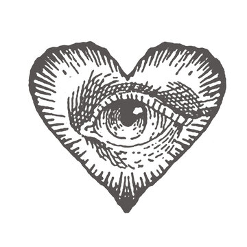 Human eye centered within a heart shape symbol