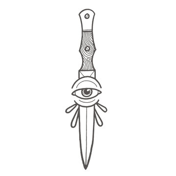 Dagger piercing a central eye illustration with monochrome mystical esoteric watchful awareness