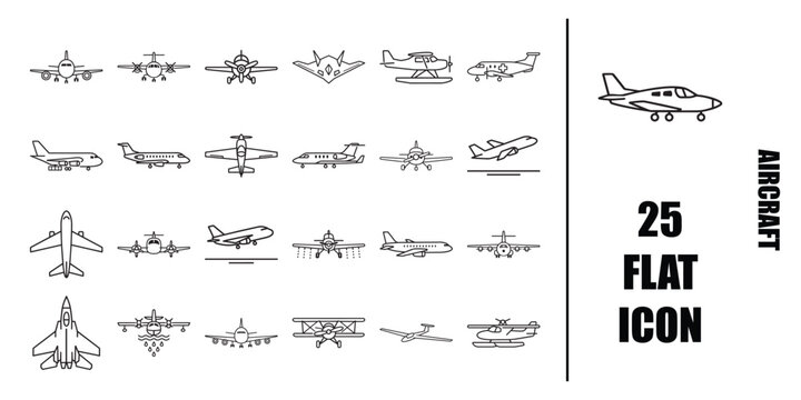 Aircraft icon set of 25 aviation symbols including passenger jets, fighters, seaplanes, helicopter, glider and biplane in black outline