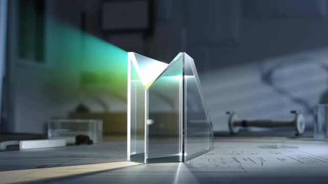 Transparent house-shaped model stays centered on architectural drawings as a colored light beam sweeps across its faceted roof, creating bright reflections in a dim interior