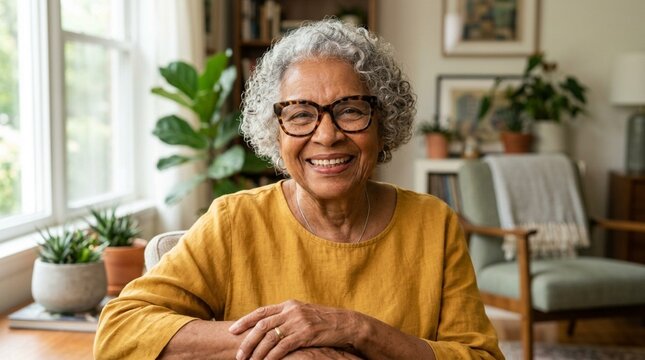 Smiling Senior Woman in Cozy Home Interior, Healthy Aging Lifestyle Portrait