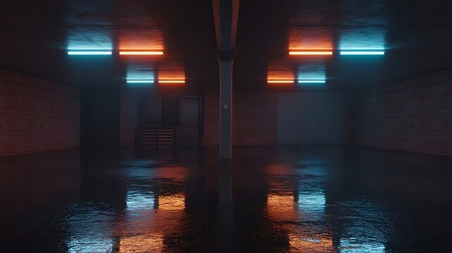 A dark industrial interior scene with glowing blue and orange neon light reflections on a wet concrete floor