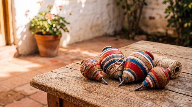 Traditional Chilean wooden spinning tops emboque style toys on a rustic wooden table celebrating Chile Fiestas Patrias