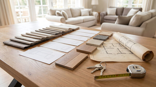 Un agente immobiliare prepara campioni di tessuti, piastrelle e progetti di architettura