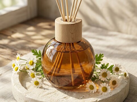 Glass reed diffuser with wooden cap and chamomile flowers on a table in a bright sunny room interior. oil diffuser floral