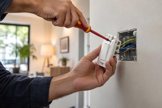 Electrician installing modern light switch with screwdriver, electrical wiring, wall box, hands, residential interior, home electrical repair and installation service maintenance closeup 