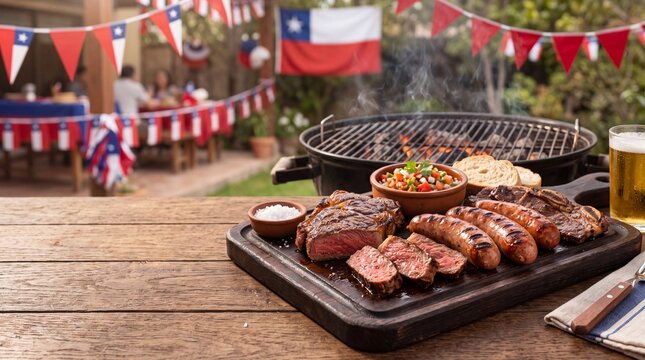 Traditional Chilean asado barbecue with grilled meat sausages and pebre on a wooden board celebrating Chile Fiestas Patrias