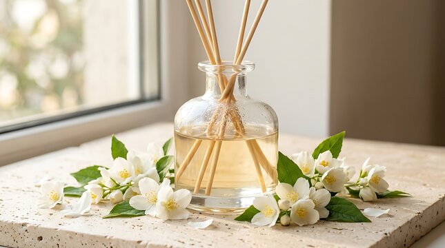 Glass reed diffuser bottle with wooden sticks and fresh flowers on a stone table near a bright window. oil diffuser floral