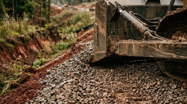 Bulldozer track pressing crushed stone into embankment beside freshly cut roadside gravel berm