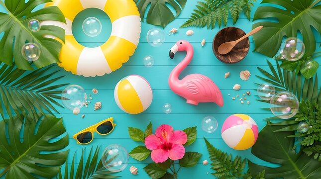 Bright colorful summer flatlay composition with a pink flamingo float tropical palm leaves and beach accessories on turquoise painted wood