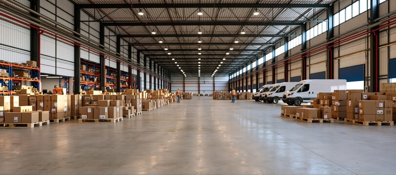 Warehouse cross - dock with parcels moving toward delivery vans