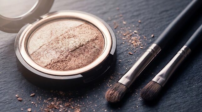 Pink and gold makeup powder compact with beauty brushes on a dark textured black background surface. shimmer eyeshadow tips