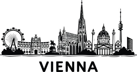 Fototapeta premium Vienna Austria skyline landmarks silhouette with Riesenrad St Stephen's Cathedral and Karlskirche church